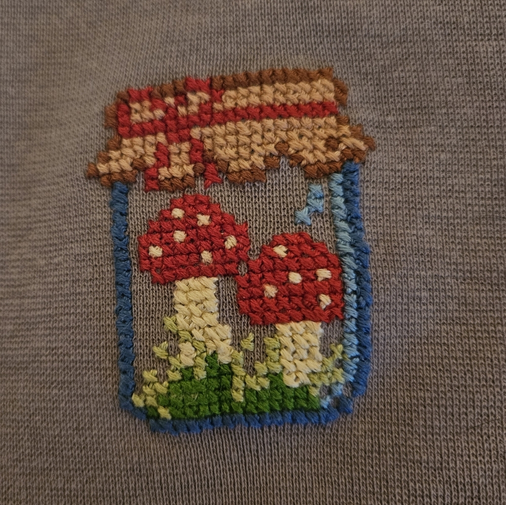 Baby Tee with HANDMADE Mushroom Cross Stitch Patch - Picture 4 of 5